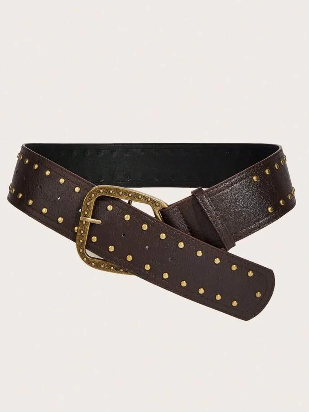 Brown Studded Wide Leather Belt with Antique Gold Buckle